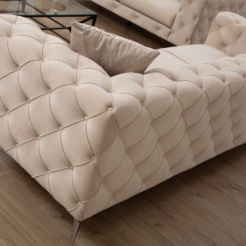 Καναπές 2θέσιος PWF-0579 τύπου Chesterfield ύφασμα εκρού 197x90x73εκ - Image 3