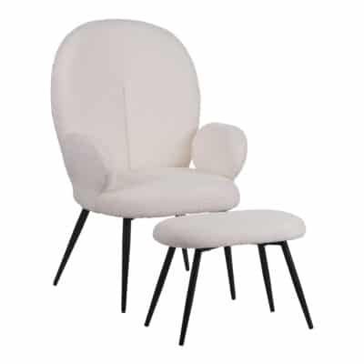 Πολυθρόνα με υποπόδιο Qarar μπουκλέ ύφασμα σε λευκή απόχρωση με μαύρα μεταλλικά πόδια 67.5x67.5x106εκ