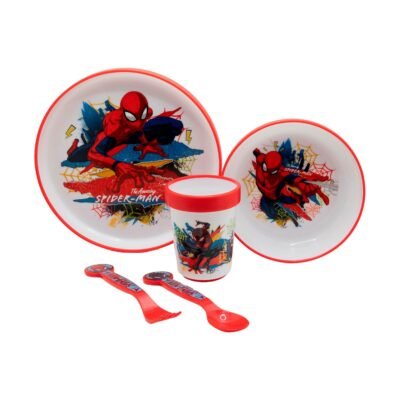 Stor: Marvel Spiderman - 5 Pcs Non Slip Bicolor Premium Set (Plate Bowl Tumbler 260 Ml & Cutlery) (83581)