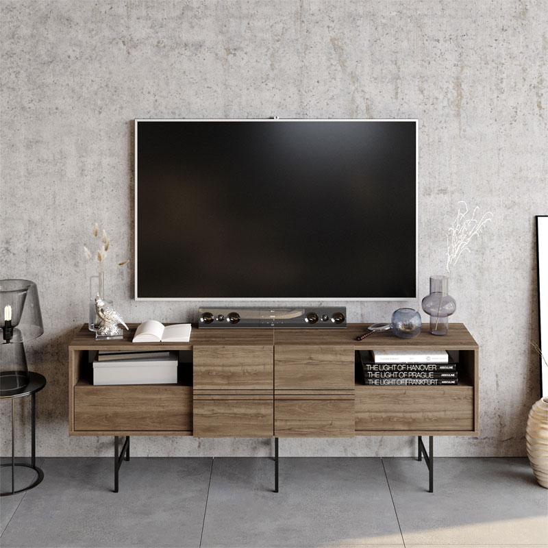 Έπιπλο τηλεόρασης Kevan καρυδί-μαύρο πόδι 180x35x65εκ - Image 2