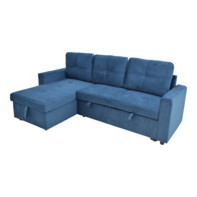 Γωνιακός καναπές-κρεβάτι με αποθηκευτικό χώρο Felia αναστρέψιμος βελούδο σε μπλε απόχρωση 216x134x82.6εκ