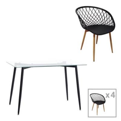 Τραπεζαρία Quana-Ezra σετ 5τεμ γυάλινο 8χιλ διάφανο - μαύρο πόδι 120x70x75εκ