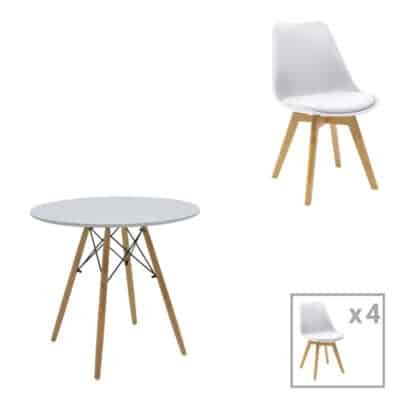 Τραπεζαρία Julita-Gaston σετ 5τεμ MDF και ξύλο οξιάς σε λευκή-φυσική απόχρωση Φ80x73εκ