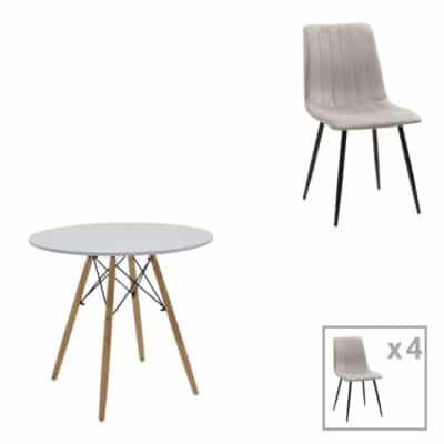 Τραπεζαρία Julita-Noor σετ 5τεμ  MDF λευκό-γκρι-πόδια φυσικό Φ80x73εκ