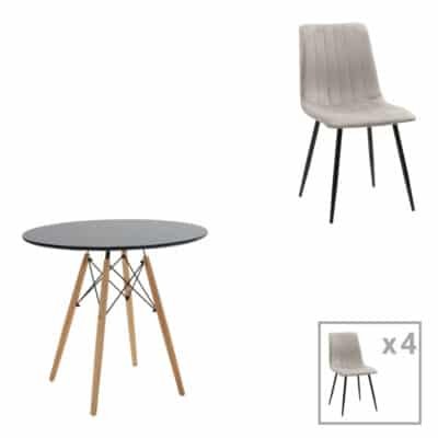 Τραπεζαρία Julita-Noor σετ 5τεμ  MDF μαύρο-γκρι-πόδια φυσικό Φ80x73εκ