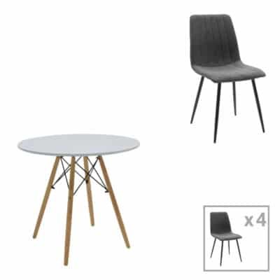 Τραπεζαρία Julita-Noor σετ 5τεμ  MDF λευκό-ανθρακί-πόδια φυσικό Φ80x73εκ