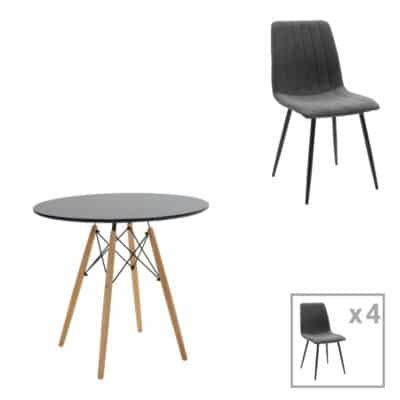 Τραπεζαρία Julita-Noor σετ 5τεμ  MDF μαύρο-ανθρακί-πόδια φυσικό Φ80x73εκ