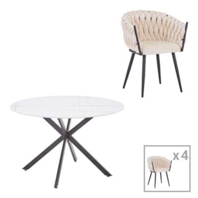 Τραπεζαρία Vivian-Stoyen 5τεμ μπεζ βελούδο - λευκό με μαύρο μαρμάρου Φ120x75εκ