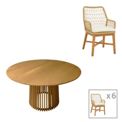 Τραπεζαρία Elaiza-Kenda σετ 7τεμ σε φυσική-μπεζ απόχρωση Φ150x75εκ