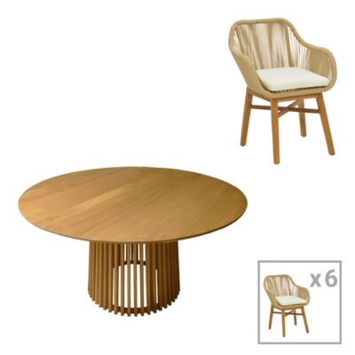 Τραπεζαρία Kalie-Kenda σετ 7τεμ σε φυσική-μπεζ απόχρωση Φ150x75εκ