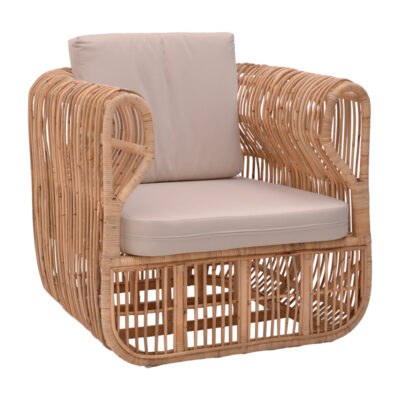 Πολυθρόνα Fajole rattan σε φυσική απόχρωση με μπεζ μαξιλάρι 86x86x66εκ