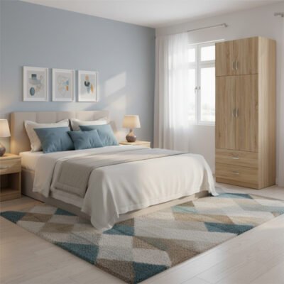 Ντουλάπα δίφυλλη με 2 συρτάρια και πατάρι Lego pakoworld σε oak απόχρωση 80x42x240εκ