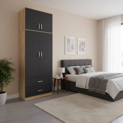 Ντουλάπα δίφυλλη με 2 συρτάρια και πατάρι Lego pakoworld σε oak-ανθρακί απόχρωση 80x42x240εκ