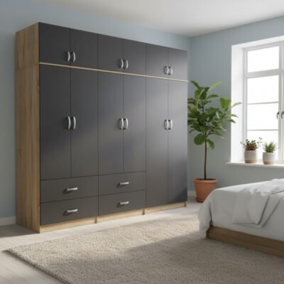 Ντουλάπα εξάφυλλη με πατάρι Lego pakoworld sonoma-ανθρακί 240x42x240εκ