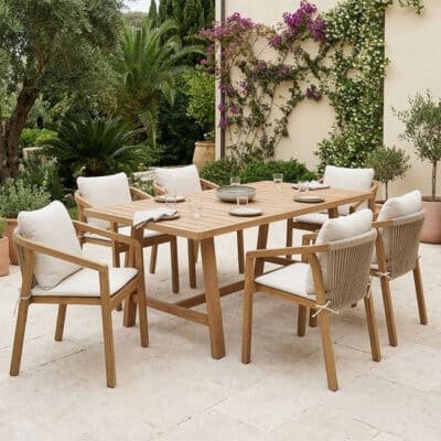 Τραπεζαρία Malibu pakoworld μασίφ ξύλο ακακίας 180x90x75εκ Σετ 7τεμ