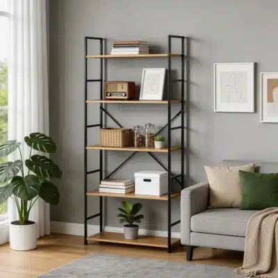 Βιβλιοθήκη Manlo pakoworld oak με μαύρο μέταλλο 58.6x23.5x144εκ